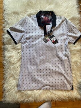 AuNoir White Polo with Black Collar and Trim Spade and Club Pattern NWT Large